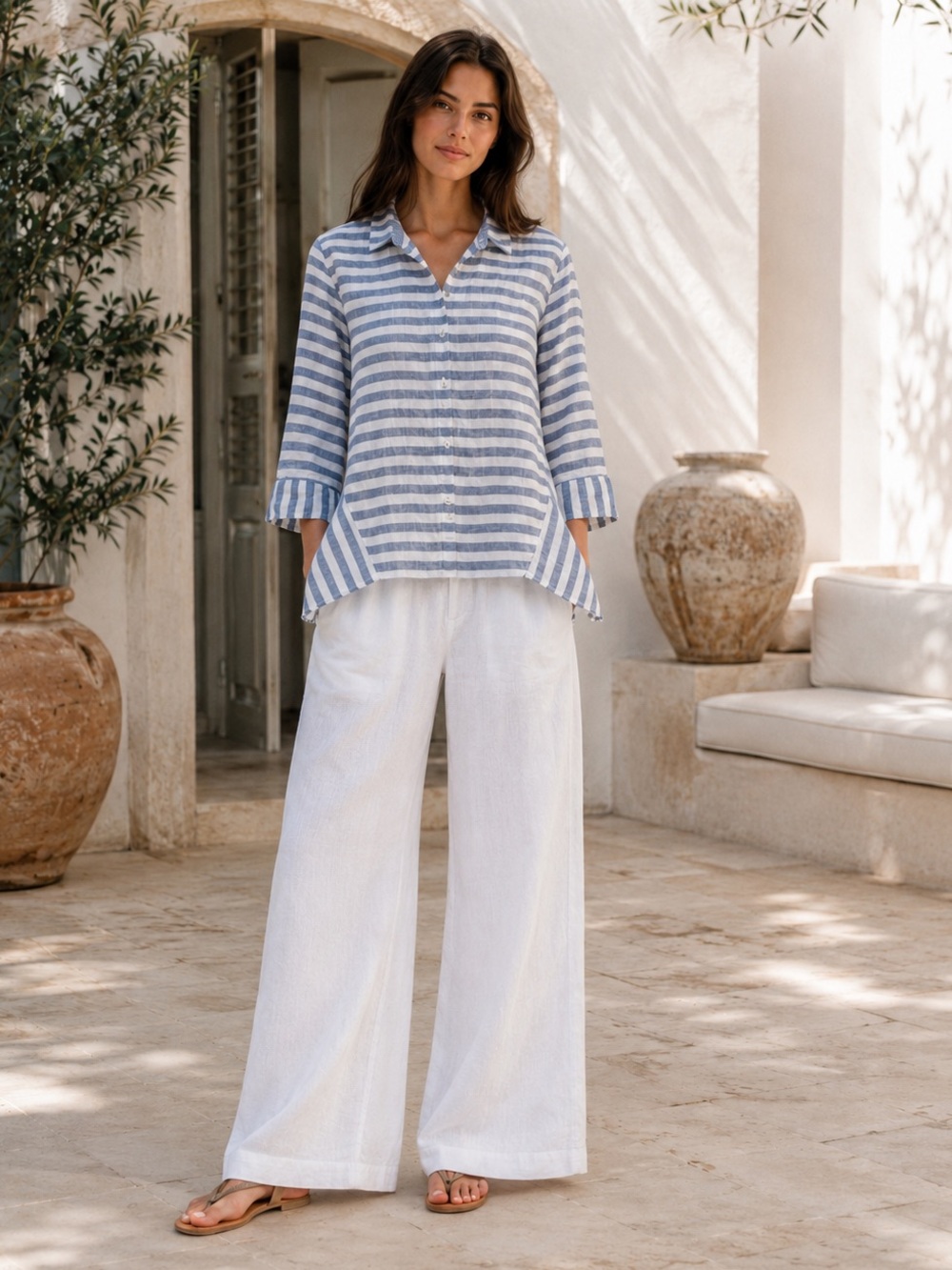 Habitat Blue and White Striped Button-Down Linen Shirt